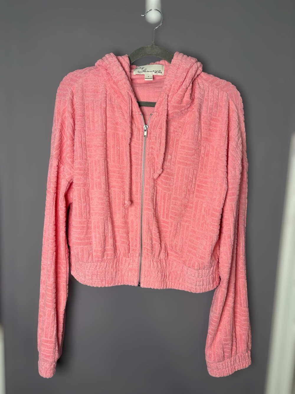 Vintage Havana Pink Textured Terry Cloth Cropped Full Zip Hoodie Large